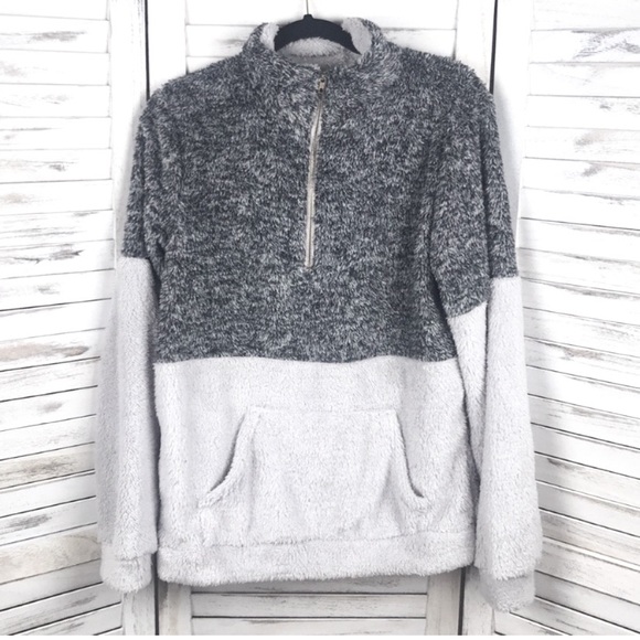 Plush Quarter Zip Grey Soft Cozy Fuzzy Pullover - Picture 4 of 7